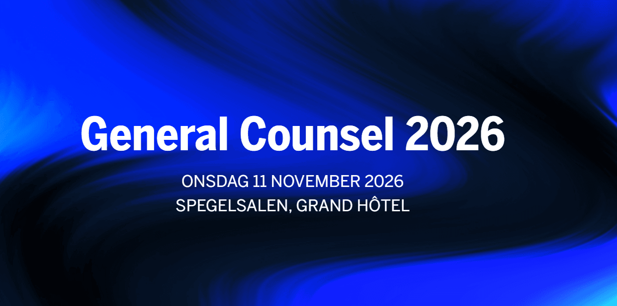 En bild med texten General Counsel 2026 och information om datumet onsdag 11 november 2026 samt platsen Spegelsalen Grand Hôtel.
