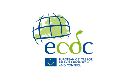 Logotyp för Europeiska centrumet för sjukdomsförebyggande och -kontroll med en grön jordglob och texten ECDC. Logo innehåller även EU-flaggans stjärnor.