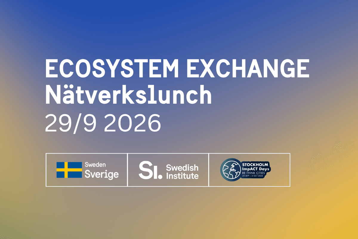Informationsbild med blågul gradient för ECOSYSTEM EXCHANGE Nätverkslunch den 29 september 2026, med logotyper för Sverige/Swedish Institute och Stockholm Impact Days (29 sept–2 okt 2026).