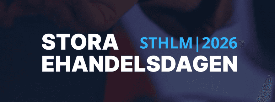 Logotyp för evenemanget Stora Handelsdagen i Stockholm år 2026. Texten är vit och blå på mörk bakgrund med en delvis synlig person i rörelse.