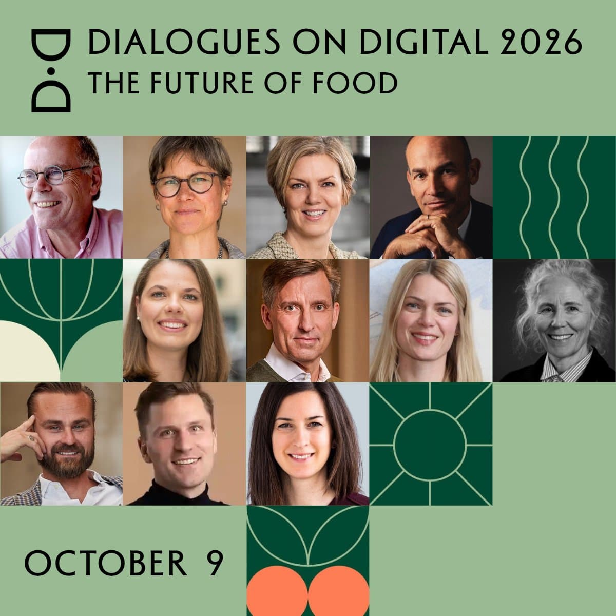 Plakaten annonserar evenemanget 'Dialogues on Digital 2026 – The Future of Food' med datumet 9 oktober. Den visar porträtt på tolv personer samt en grafisk symbol med blad och digitala element.