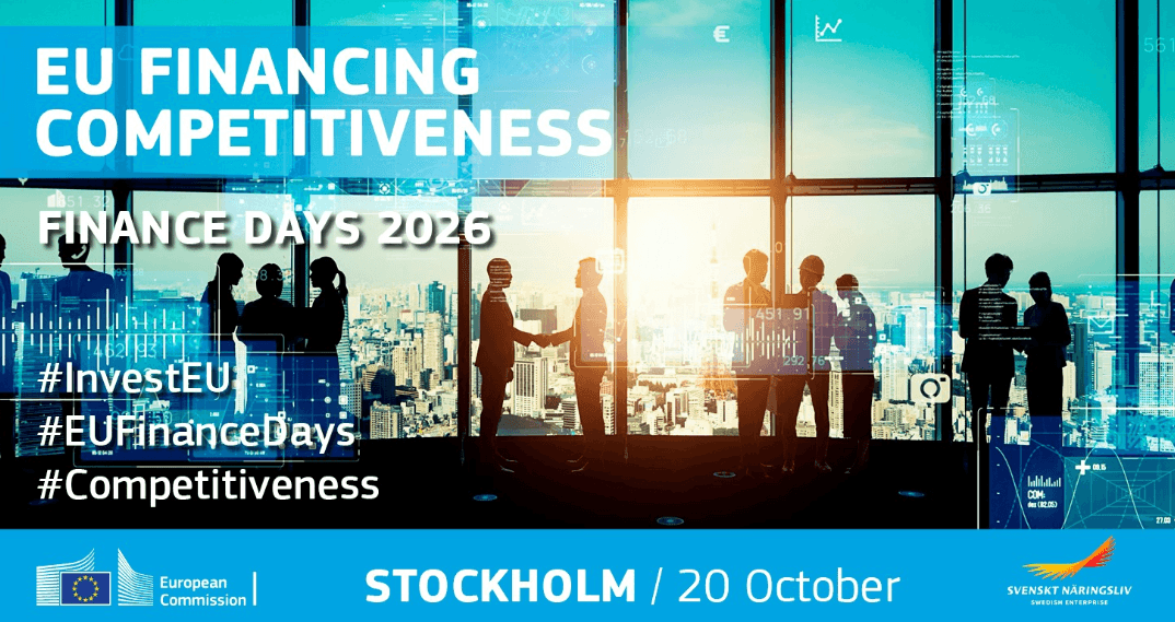 Bilden visar en annons för EU Financing Competitiveness under Finance Days 2026 i Stockholm den 20 oktober. Den visar siluetter av personer i ett kontorslandskap med utsikt över en stad.